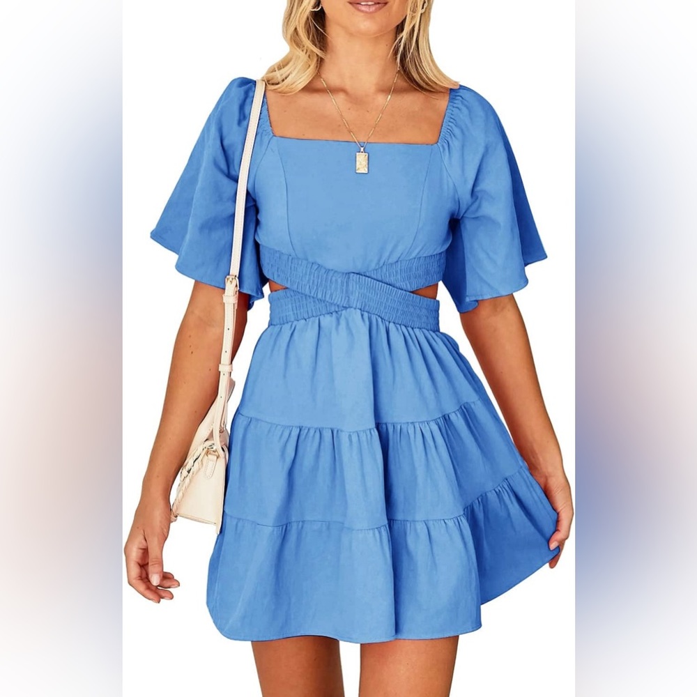 Women's Dress Square Neck Short Sleeves Crossover Waist Casual Party Mini Dress
